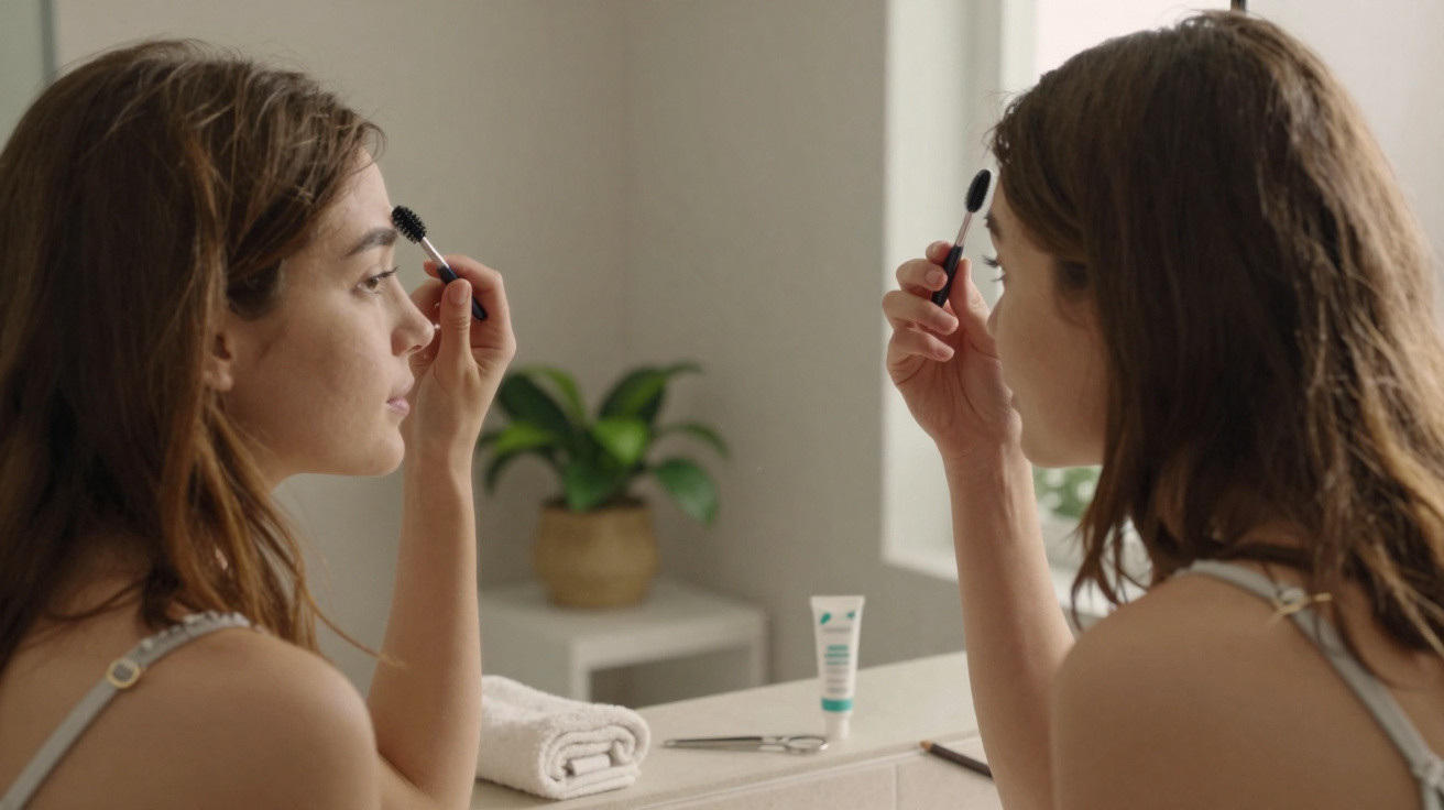 Jeune femme appliquant du mascara devant un miroir dans une salle de bain lumineuse.