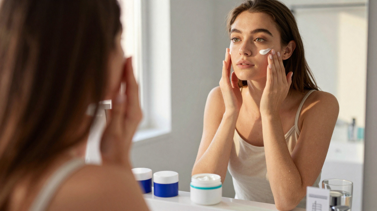 Jeune femme appliquant une crème hydratante sur son visage devant un miroir dans une salle de bain lumineuse.