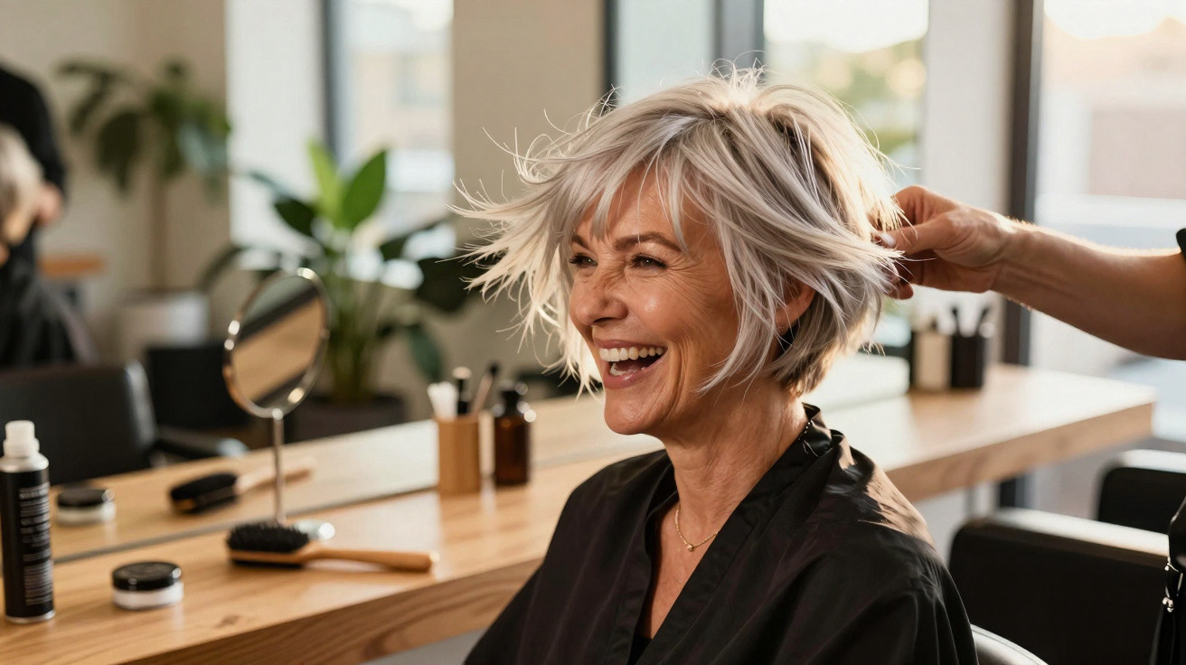 Femme souriante aux cheveux gris coiffés dans un salon de coiffure moderne et lumineux.