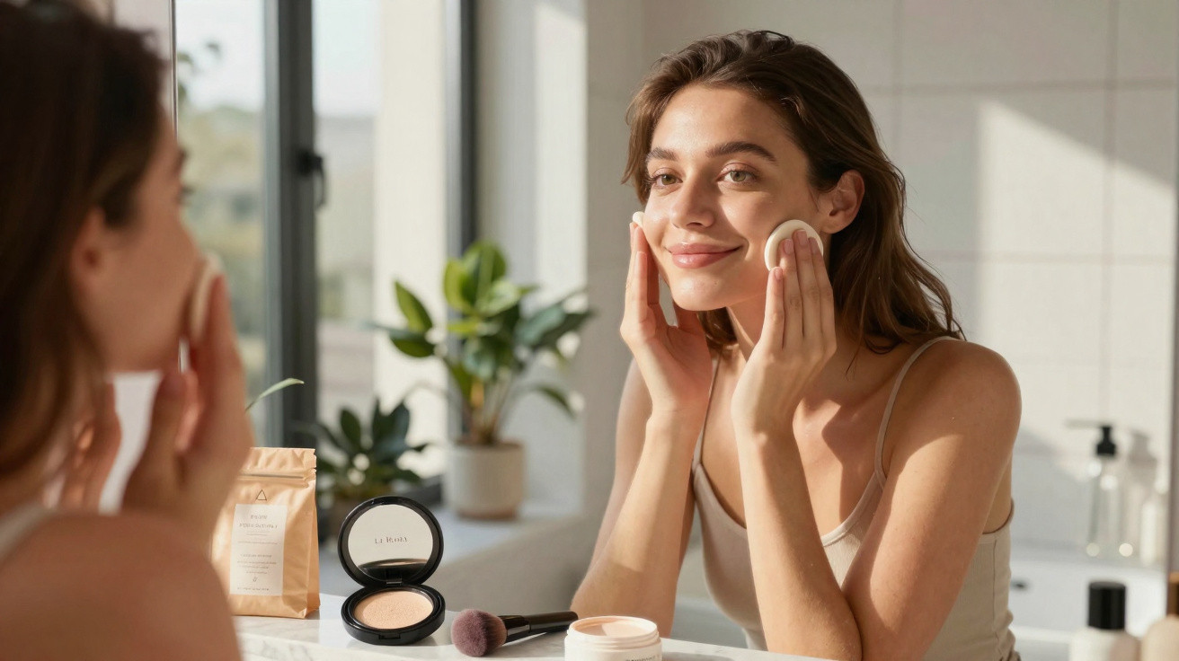 Jeune femme souriante appliquant du maquillage devant un miroir dans une salle de bain lumineuse.