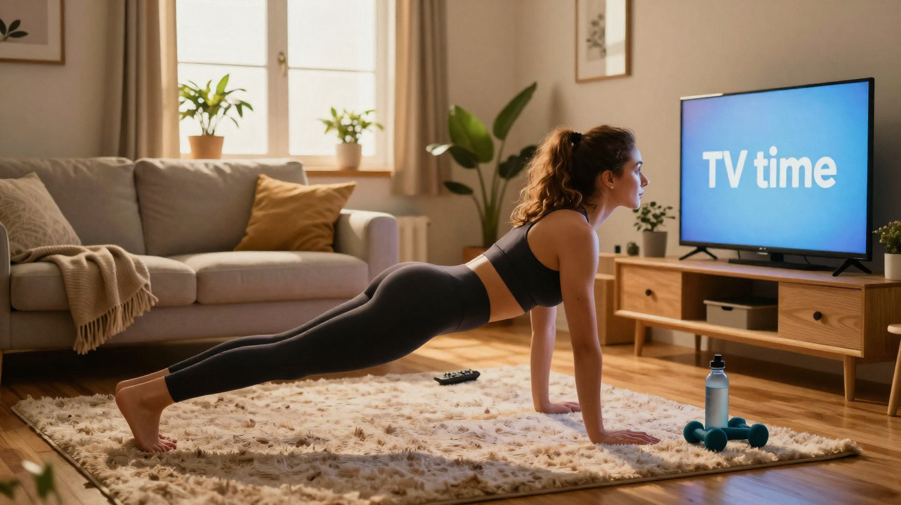 Femme en tenue de sport fait la planche au sol dans un salon devant une télévision allumée.
