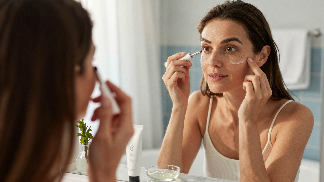 Femme appliquant un soin contour des yeux devant un miroir dans une salle de bain lumineuse.
