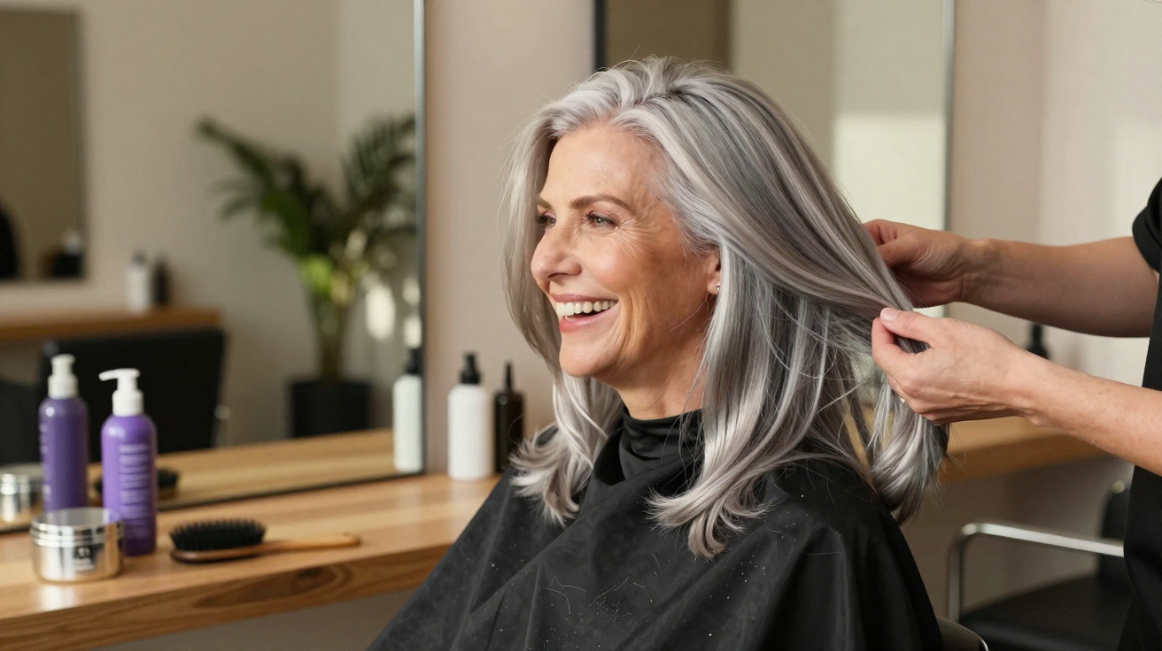 Femme aux cheveux gris souriante se faisant coiffer dans un salon de coiffure moderne.
