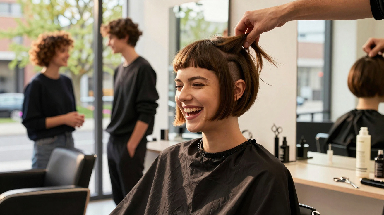Jeune femme souriante chez le coiffeur, testant sa nouvelle coupe de cheveux courts avec frange.