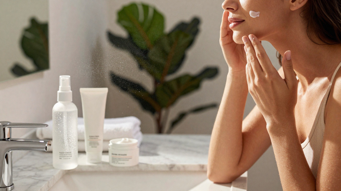 Femme appliquant une crème sur le visage dans une salle de bain lumineuse avec des produits de soin posés sur le lavabo.
