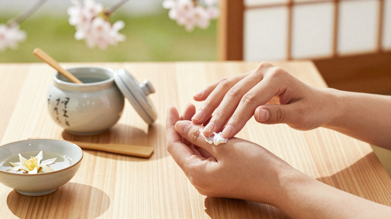 Mains appliquant une crème hydratante sur une table en bois avec pot et fleurs de lotus en arrière-plan.