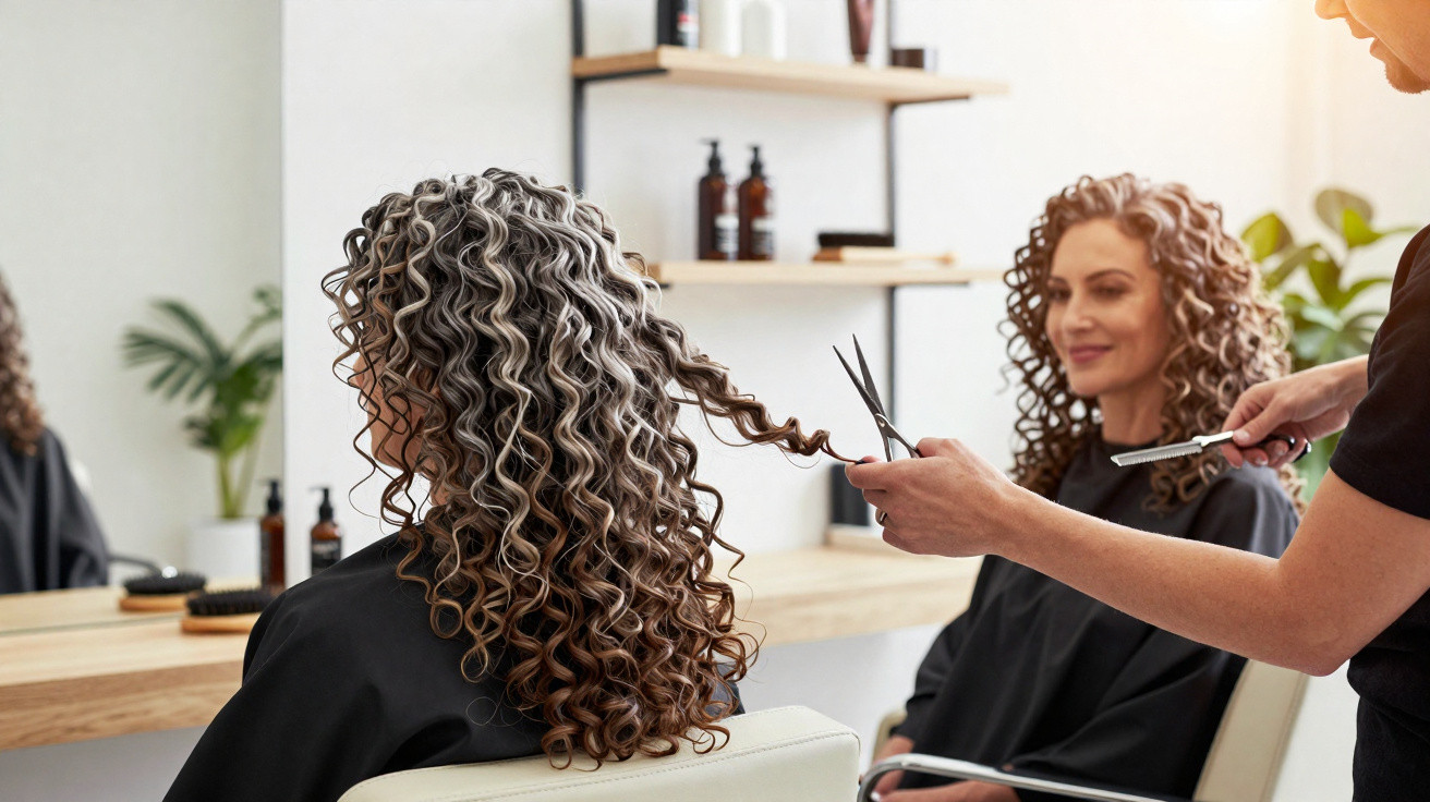 Femme aux cheveux bouclés longs assise dans un salon de coiffure pendant une coupe.