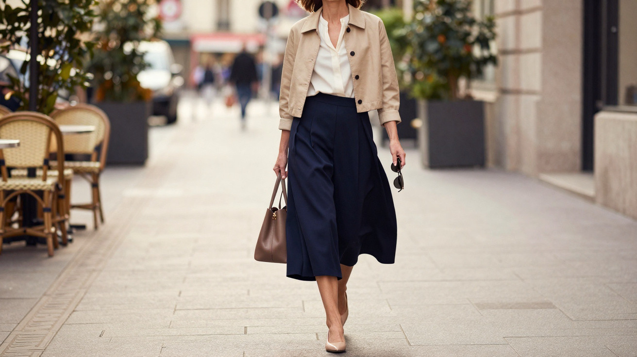 Femme élégante marchant en ville portant une jupe midi bleu marine, veste beige, chemise blanche et talons.