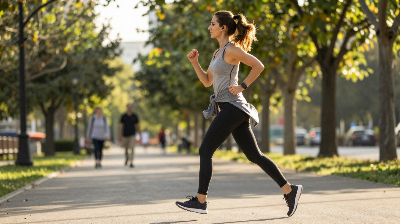 Femme sportive courant dans un parc urbain ensoleillé, vêtue de tenue de sport et smartwatch au poignet.