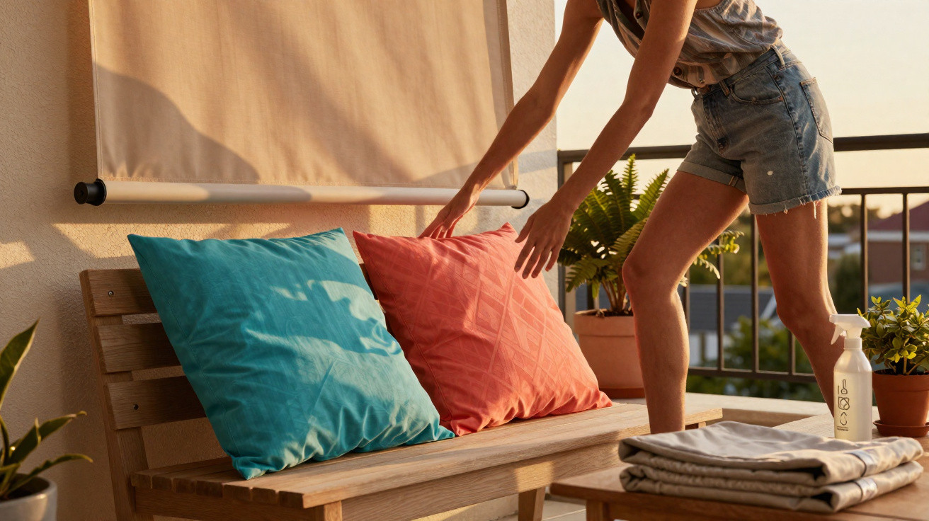 Femme arrangant deux coussins colorés sur un banc en bois sur une terrasse au coucher du soleil.