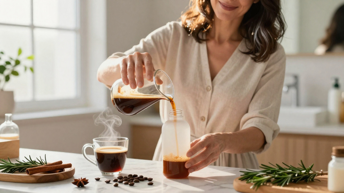 Femme versant du café fraîchement préparé dans un récipient en verre dans une cuisine lumineuse.