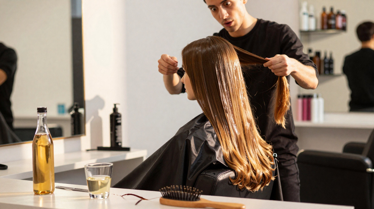 Coiffeur examinant les cheveux longs d'une cliente assise dans un salon de coiffure moderne.