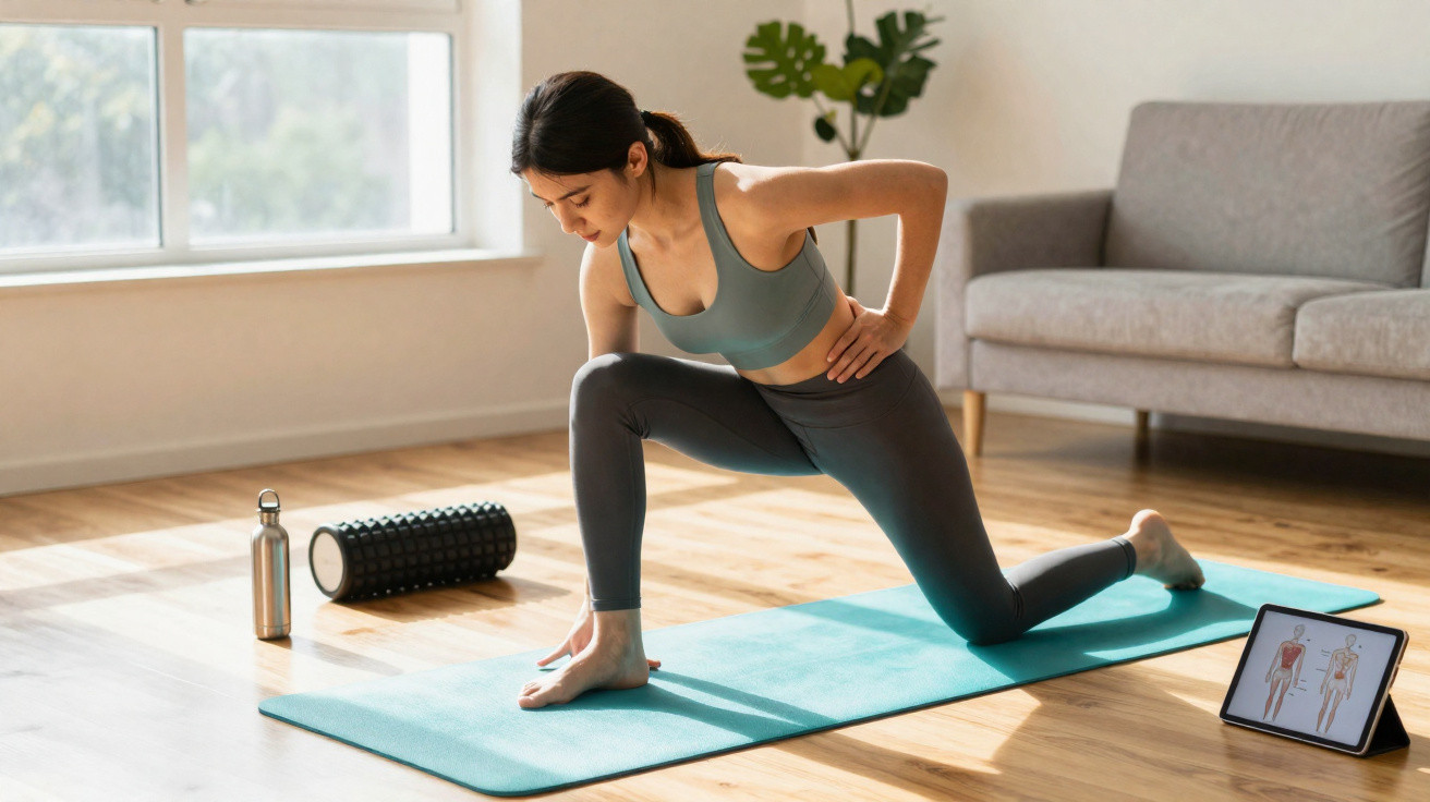 Femme en tenue de sport faisant des étirements sur un tapis en consultant un exercice sur tablette.
