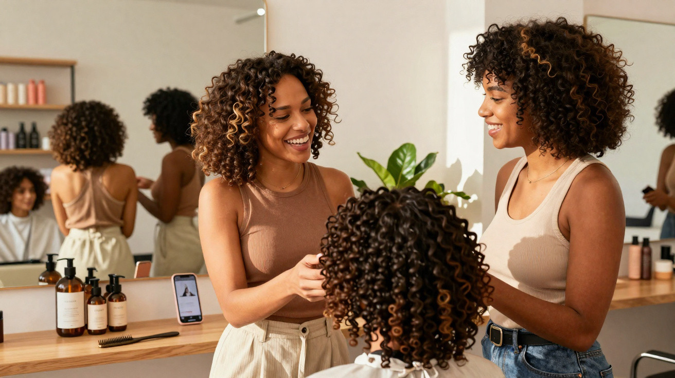 Deux femmes souriantes coiffent une troisième assise dans un salon avec miroir et produits de beauté.