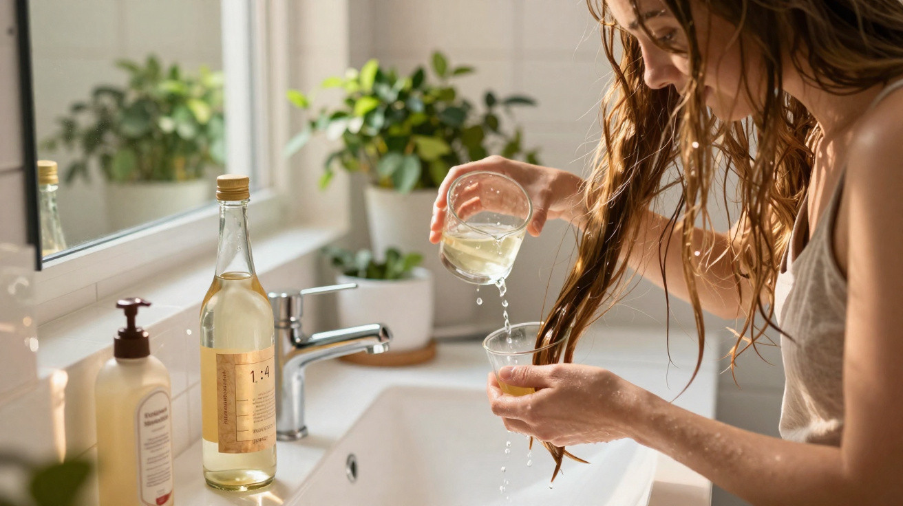 Femme versant un liquide d’un verre à cheveux mouillés au-dessus d’un lavabo dans une salle de bains lumineuse.