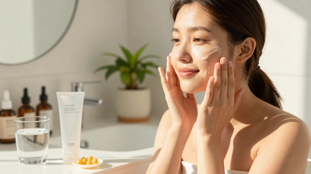 Femme asiatique appliquant une crème de soin visage dans une salle de bain lumineuse.