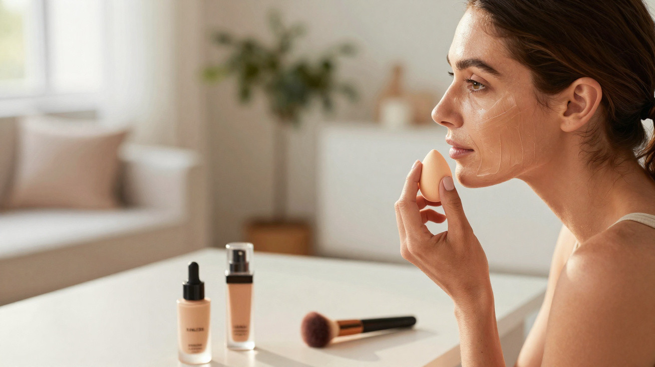 Femme appliquant du fond de teint avec une éponge de maquillage, produits de beauté posés sur une table blanche.