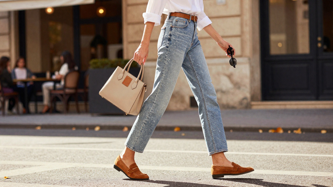 Personne marchant en jean, chemise blanche, mocassins marron, sac beige et lunettes de soleil en main.