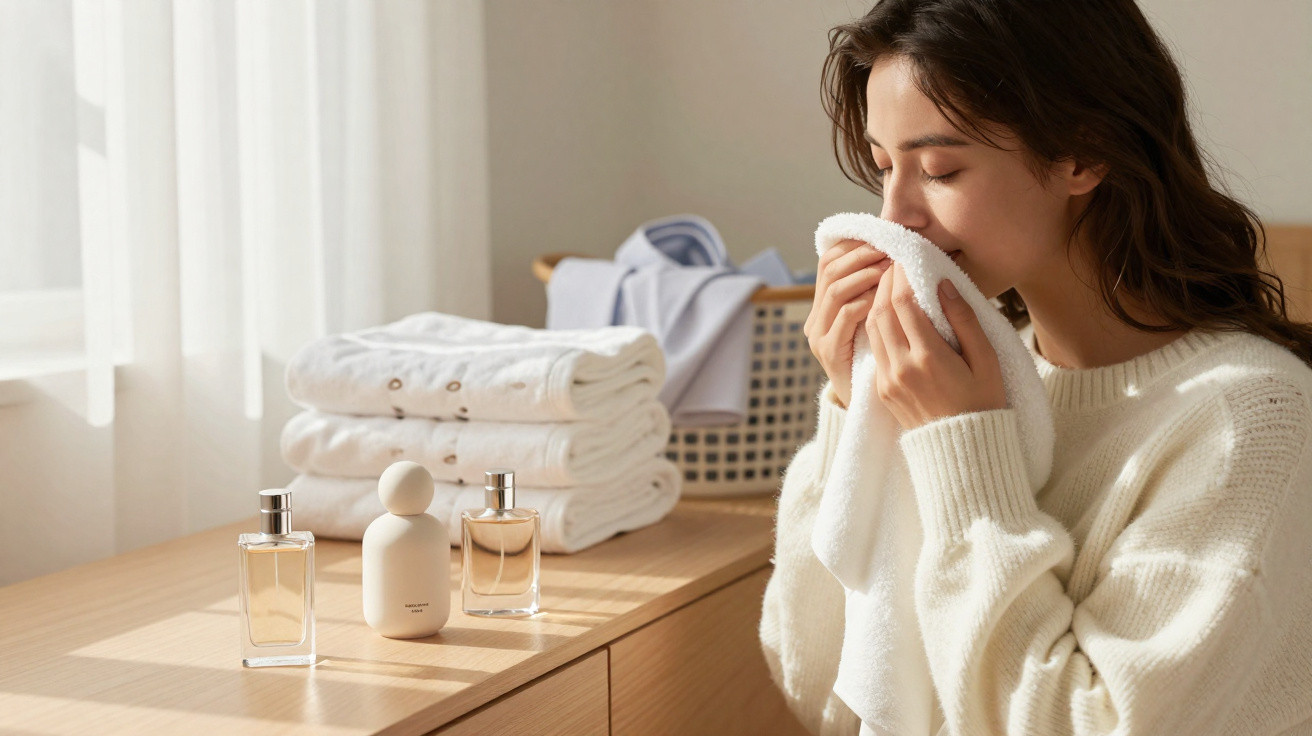 Femme sentant une serviette blanche près de parfums et serviettes pliées sur un meuble en bois.