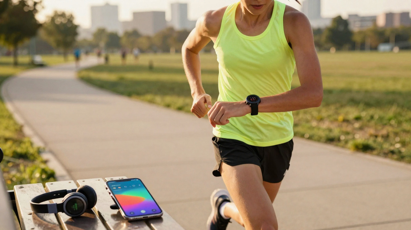 Femme en tenue de sport courant sur un chemin avec smartphone, casque et montre connectée visibles sur un banc.