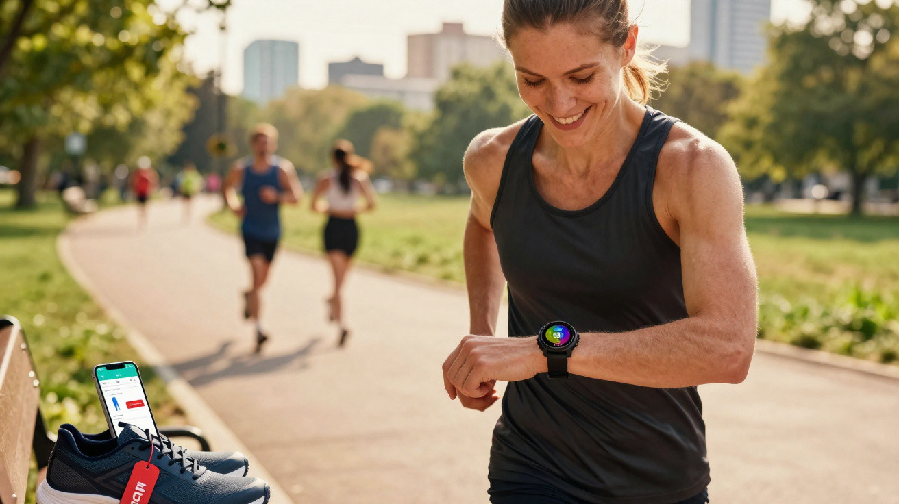 Femme souriante en tenue de sport regardant sa montre connectée lors d’une course en plein air.
