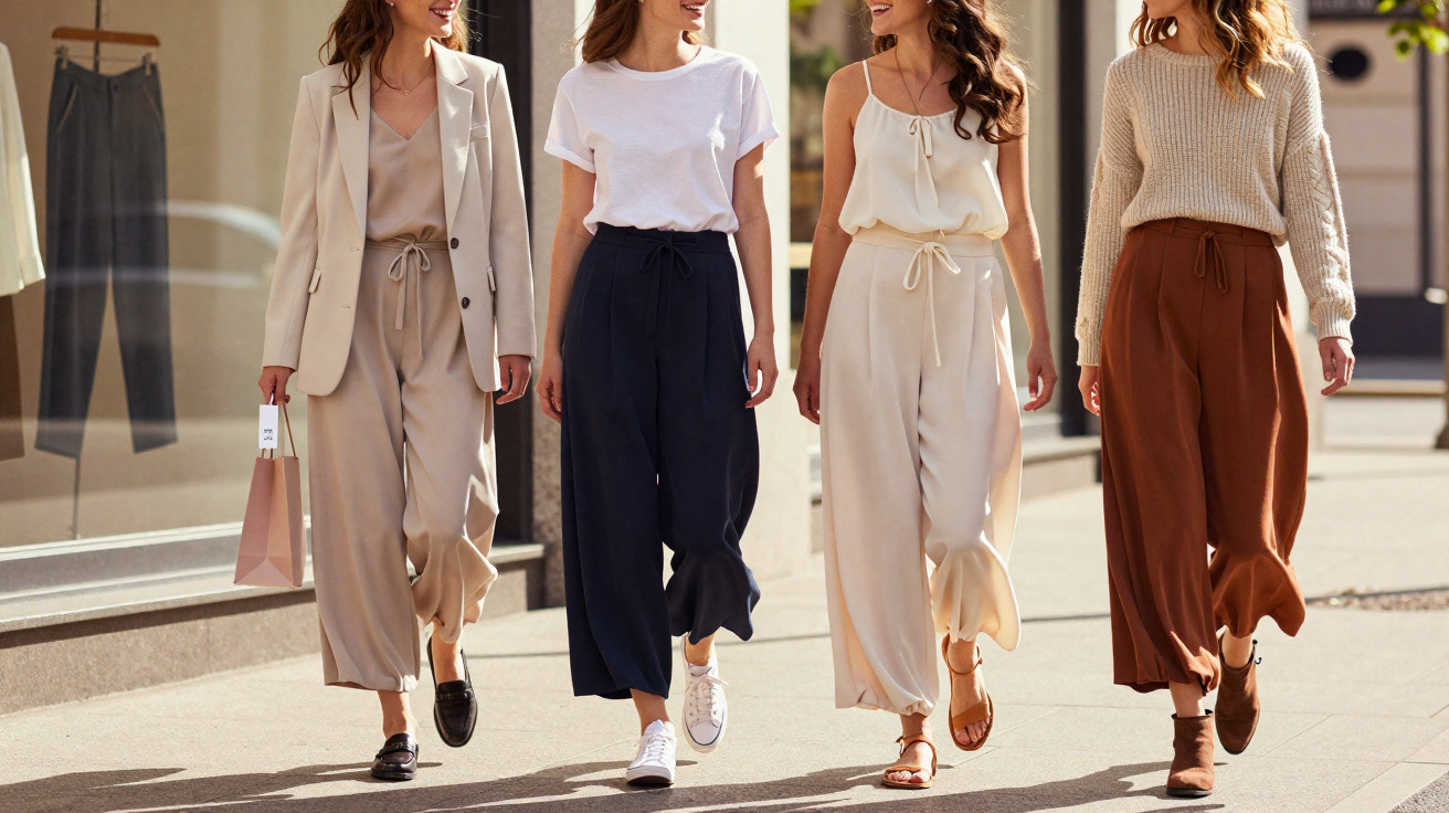 Quatre femmes souriantes marchant en plein air, portant des pantalons amples colorés et des hauts variés.