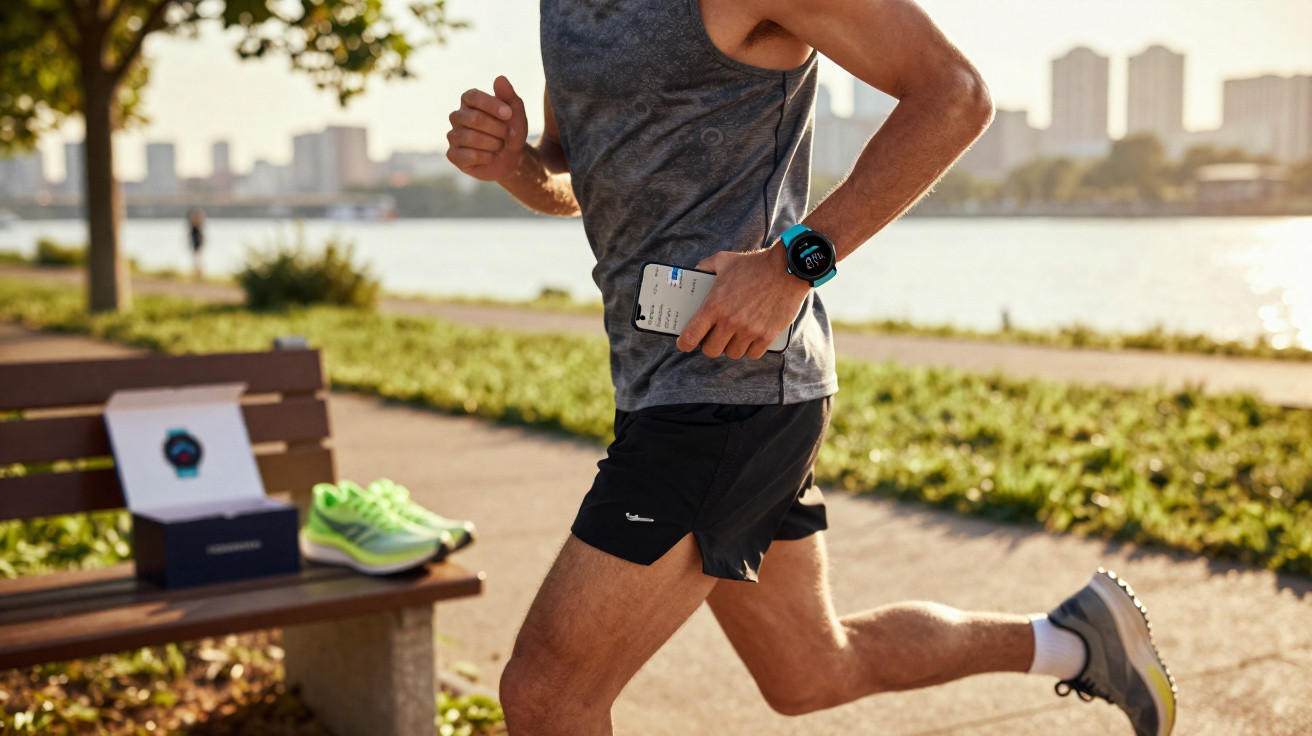 Homme courant en tenue de sport près d’un banc avec chaussures et montre connectée au poignet.