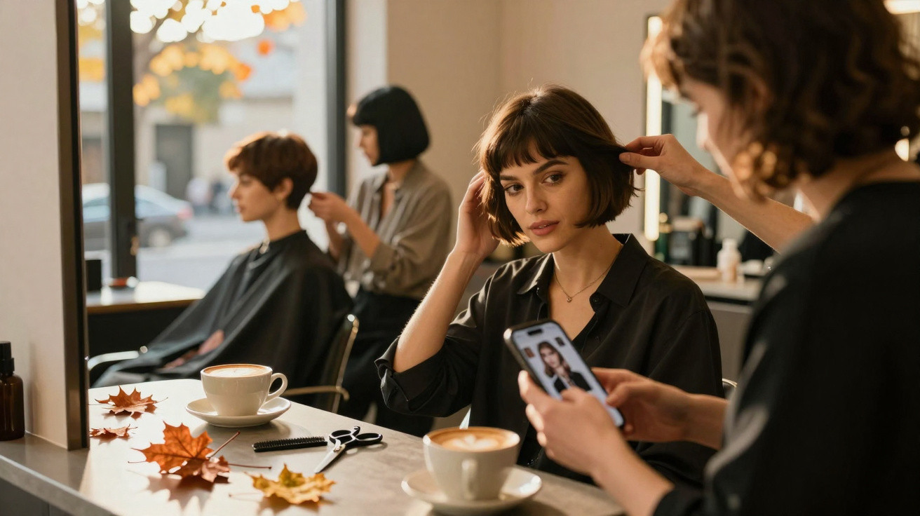 Salon de coiffure avec deux femmes se faisant coiffer et une tasse de café sur la table.
