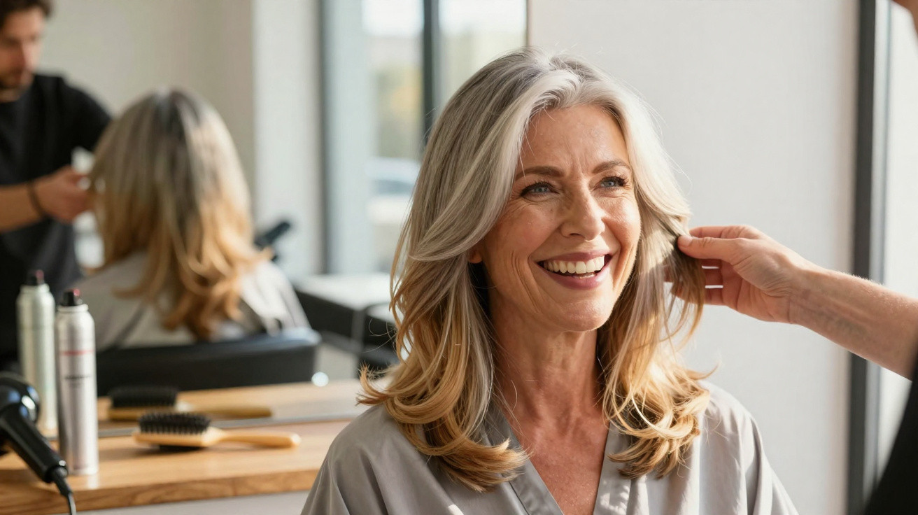 Femme souriante aux cheveux gris coiffée dans un salon de beauté, main touchant ses cheveux.