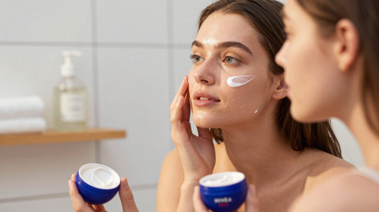 Jeune femme appliquant une crème hydratante sur son visage devant un miroir dans une salle de bain.