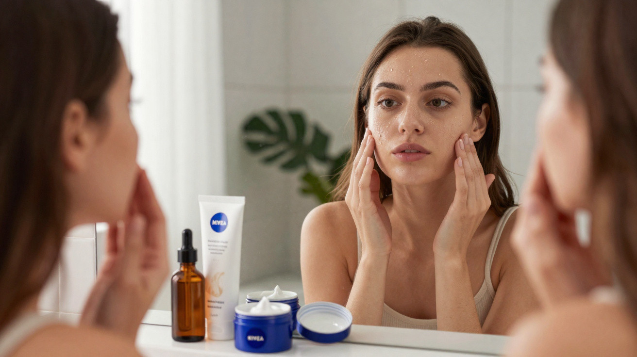 Femme appliquant une crème hydratante sur son visage devant un miroir avec des produits Nivea.