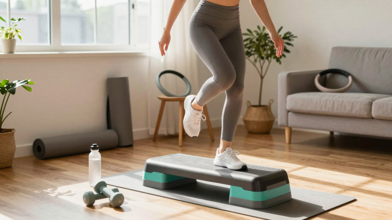 Personne en tenue de sport faisant des exercices de step dans un salon lumineux avec équipement de fitness.
