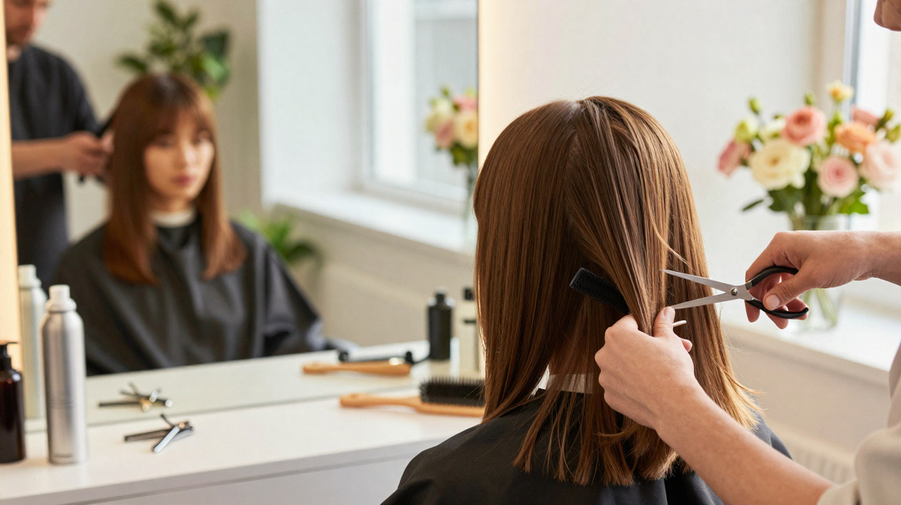 Coiffeur coupant les cheveux longs d'une femme dans un salon de coiffure lumineux avec miroir et fleurs.