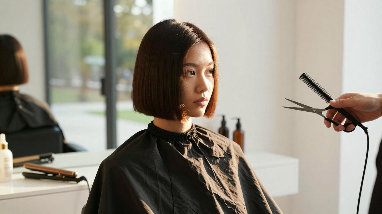Jeune femme asiatique aux cheveux courts attendant une coupe dans un salon de coiffure lumineux.