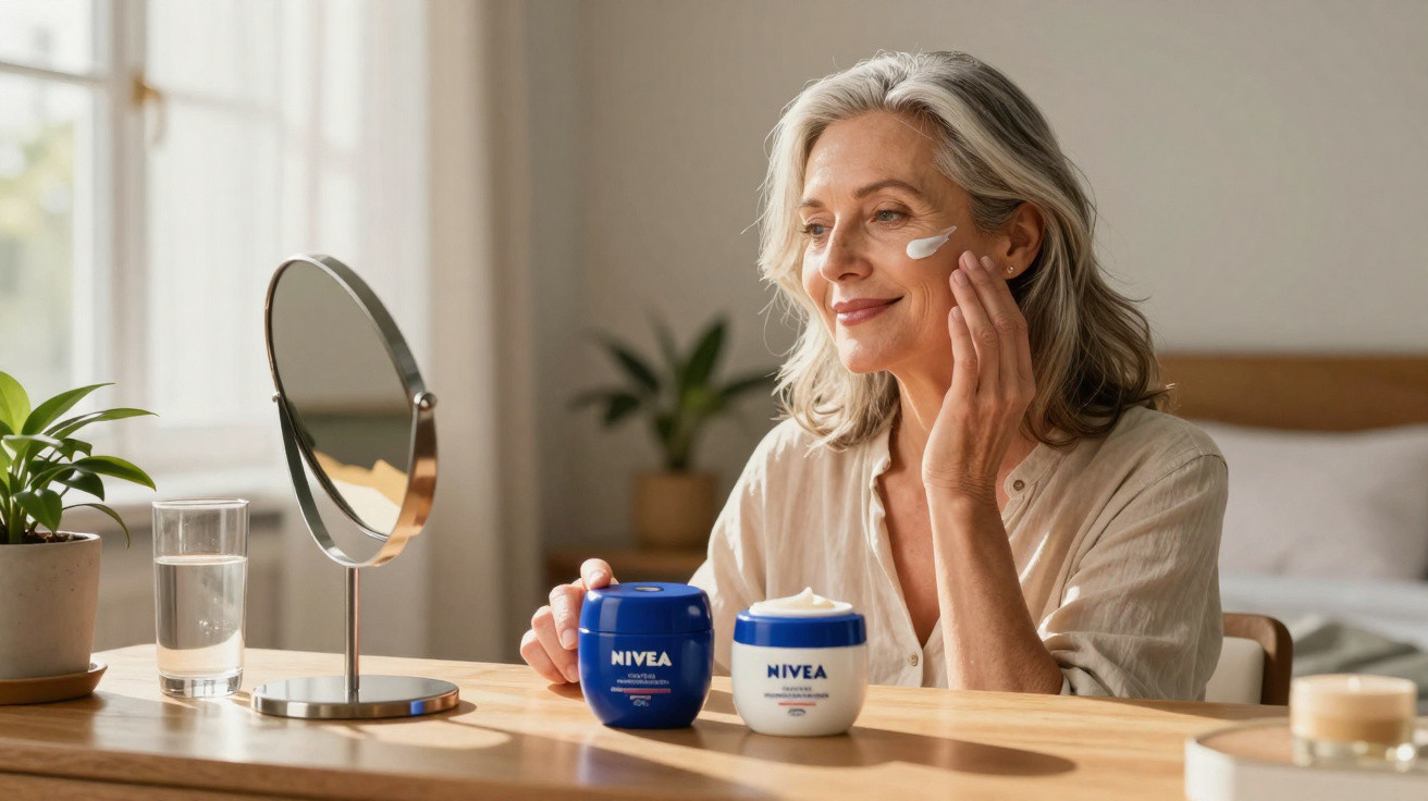 Femme mature applique de la crème Nivea sur son visage devant un miroir dans une chambre lumineuse.