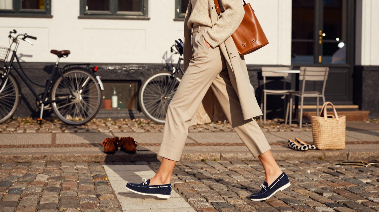 Personne marchant sur un trottoir pavé, vêtue d’un pantalon beige, manteau long et chaussures bleu marine.
