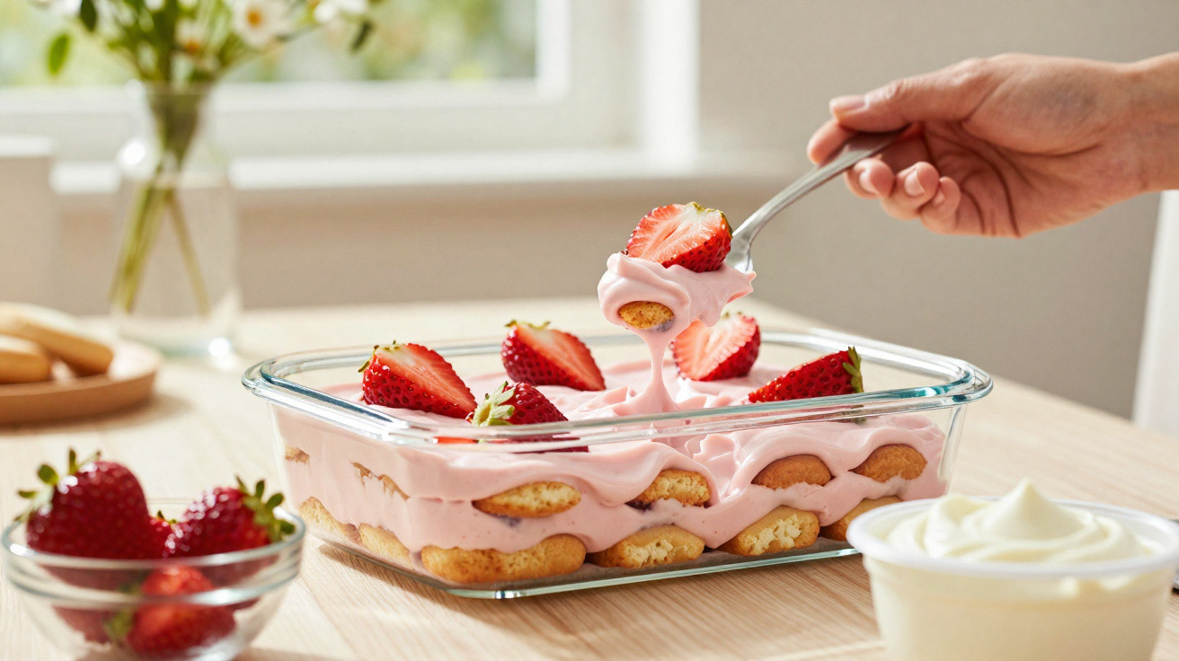 Tiramisu aux fraises avec biscuits imbibés et crème rose, sur une table en bois clair près d'une fenêtre.