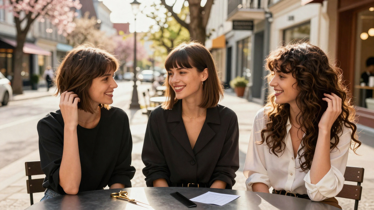 Trois femmes souriantes discutent assises à une table en terrasse dans une rue urbaine ensoleillée.
