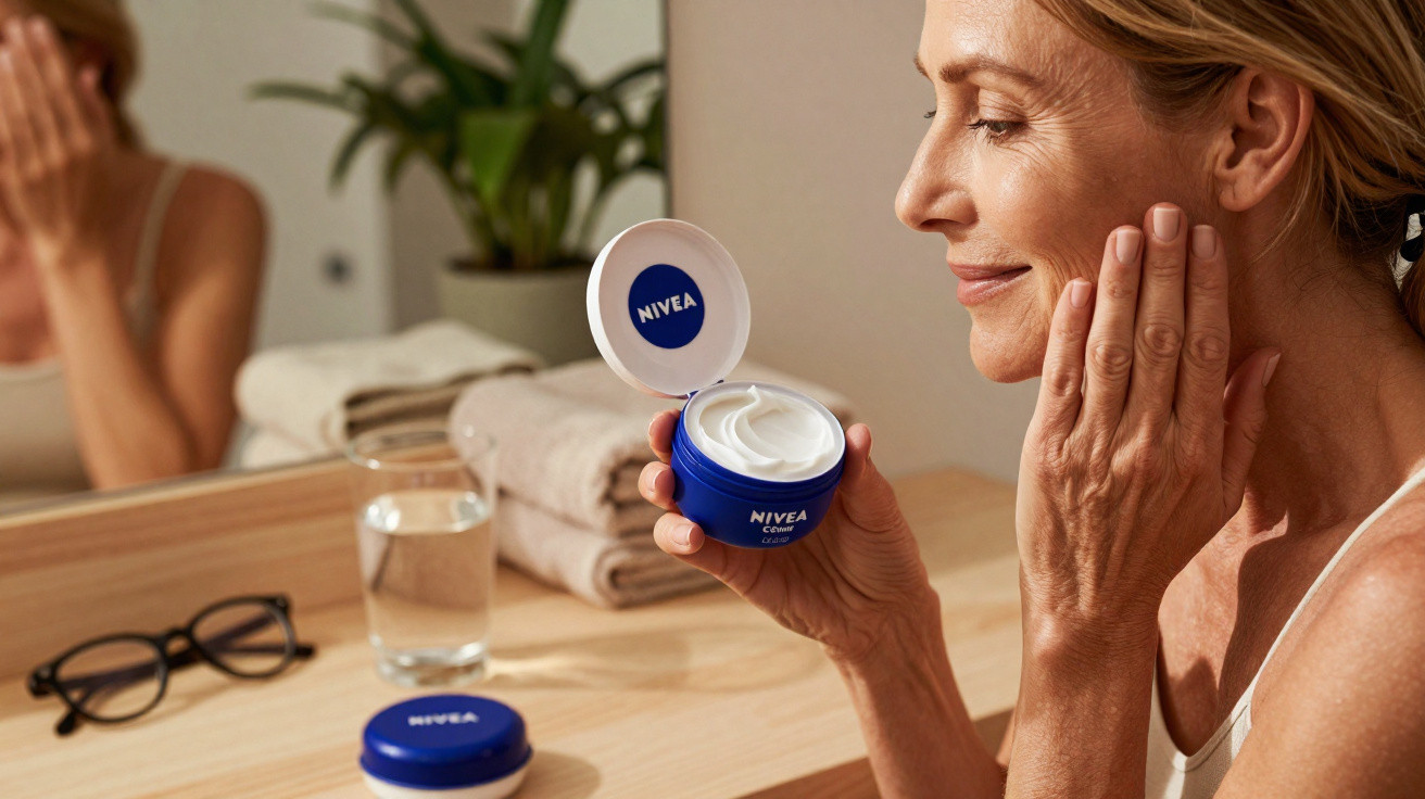 Femme appliquant une crème hydratante Nivea sur le visage devant un miroir.