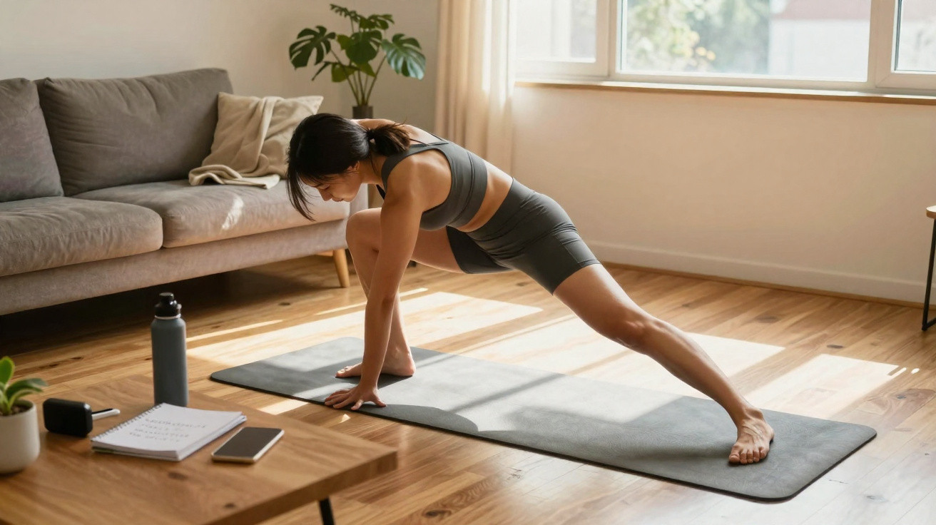 Femme faisant des étirements de yoga sur un tapis dans un salon lumineux avec un canapé et une plante verte.