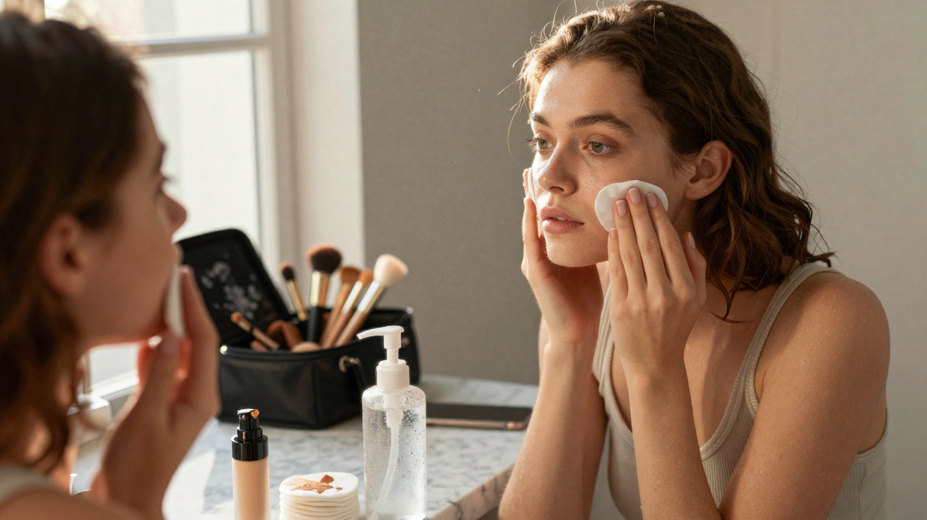 Jeune femme nettoyant son visage avec un coton, assise devant un miroir avec des produits de maquillage.