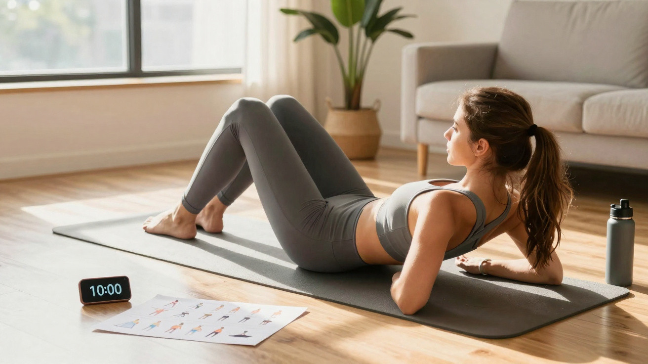 Femme faisant des exercices de gainage sur un tapis de yoga dans un salon lumineux avec une bouteille d'eau.