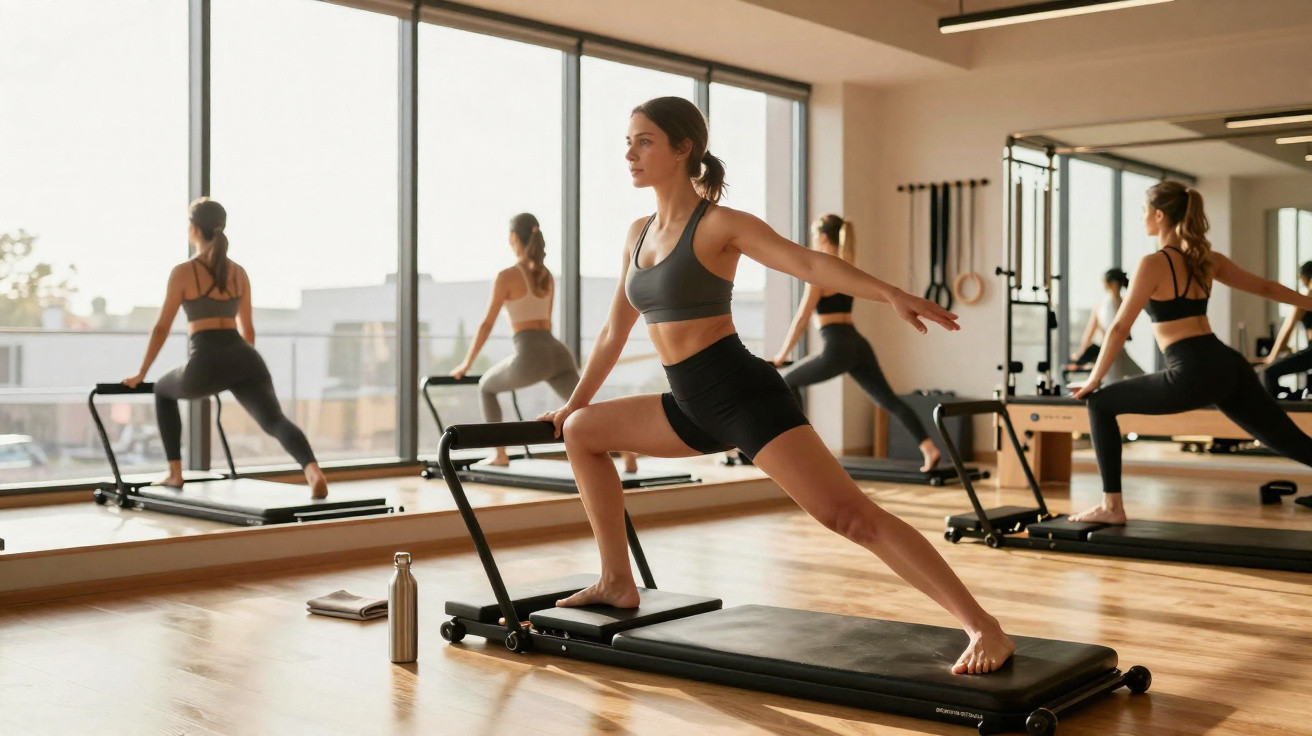 Femme effectuant un étirement sur un appareil de fitness dans un studio lumineux avec grandes fenêtres et miroir.