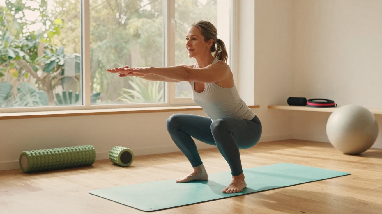 Femme effectuant un squat sur un tapis de yoga dans une pièce lumineuse avec accessoires de fitness.