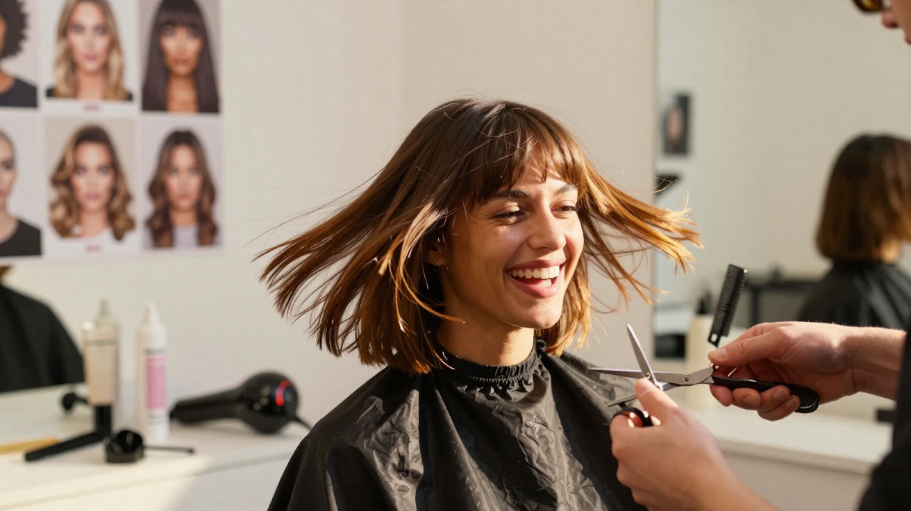 Jeune femme souriante en train de se faire couper les cheveux dans un salon de coiffure lumineux.