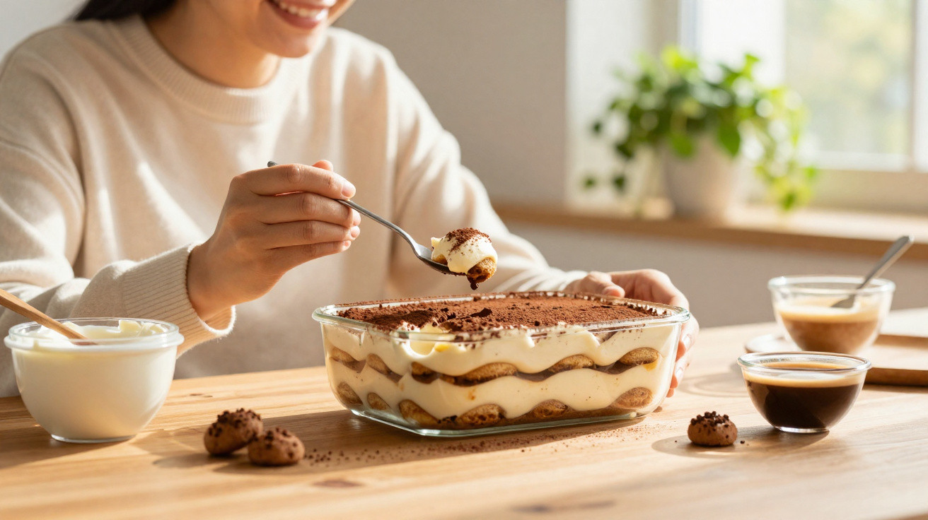 Personne souriante dégustant une part de tiramisu maison à la cuillère sur une table en bois.