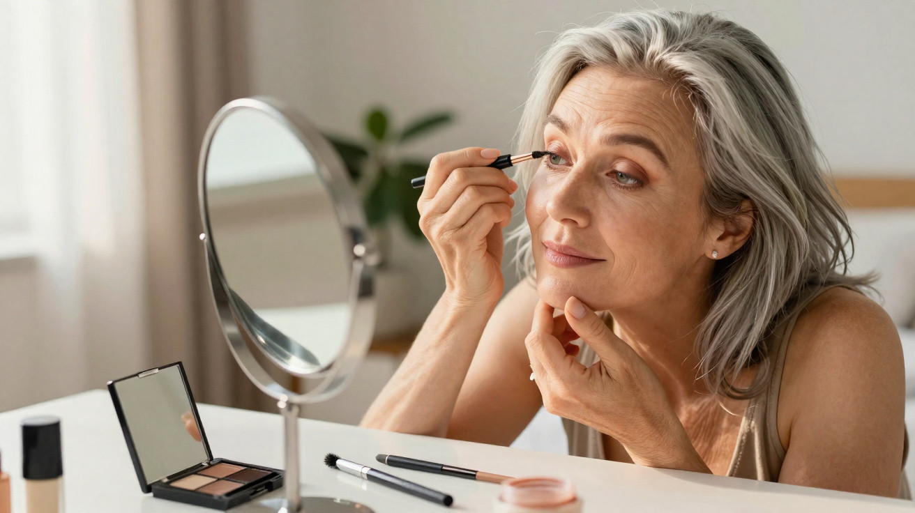 Femme mûre appliquant du mascara devant un miroir sur une coiffeuse avec palette de maquillage.