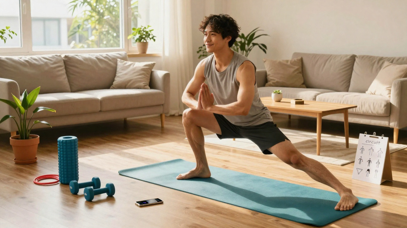 Jeune homme faisant un étirement latéral sur un tapis de yoga dans un salon lumineux avec équipement de sport.