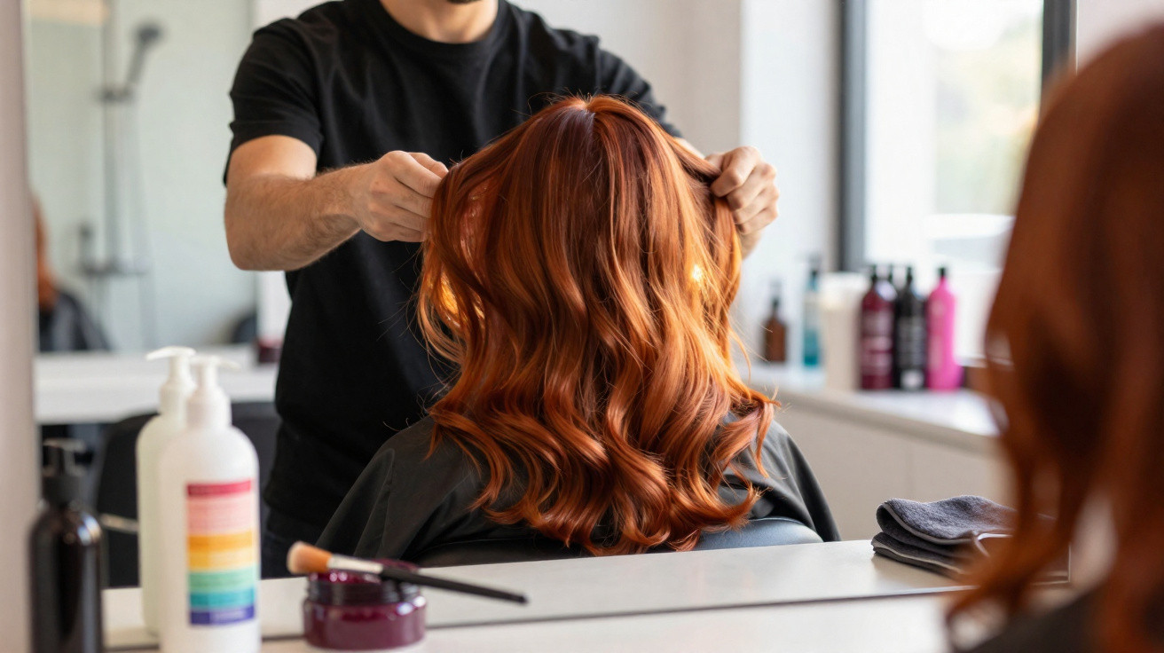 Coiffeur arrange les cheveux roux ondulés d'une cliente assise devant un miroir dans un salon lumineux.