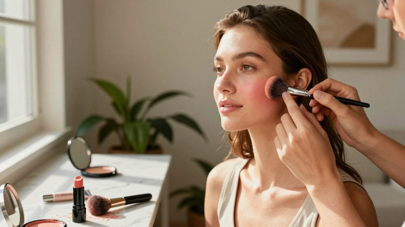 Une femme reçoit l’application de maquillage sur les joues près d’une fenêtre, avec des produits cosmétiques sur la table.